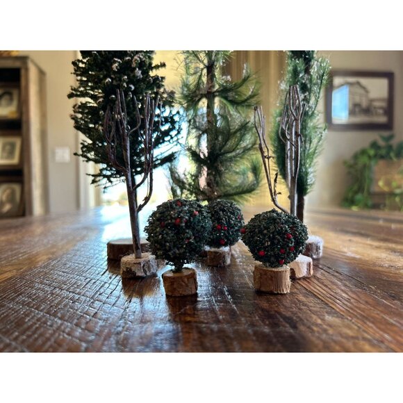 Vintage Lemax Christmas Snow Village Trees Set On Wooden Bases - Picture 2 of 16